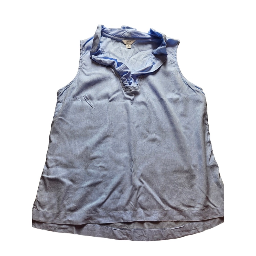 Crown & Ivy Womens Light Blue Linen Blend Ruffle V-Neck Sleeveless Blouse Size M